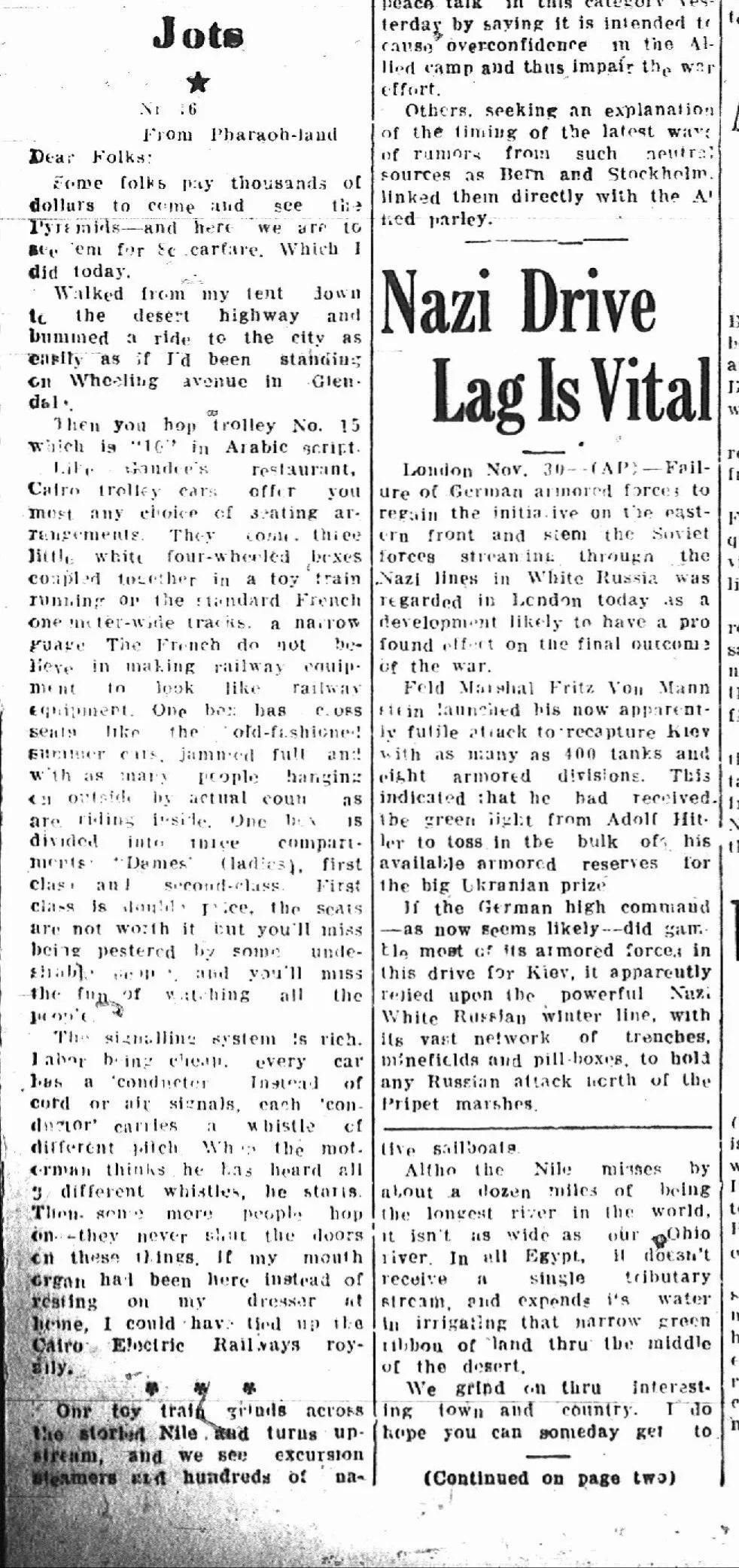Black and white newspaper article titled "Nazi Drive Lag Is Vital" from November 30, discussing Nazi military activity and preparations in Russia, mentioning General Fritz von Manner and dug-in forces.