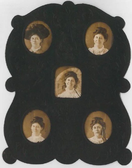 A black photo frame with five oval and one rectangular opening, each containing a vintage black-and-white portrait of a woman in historical attire.