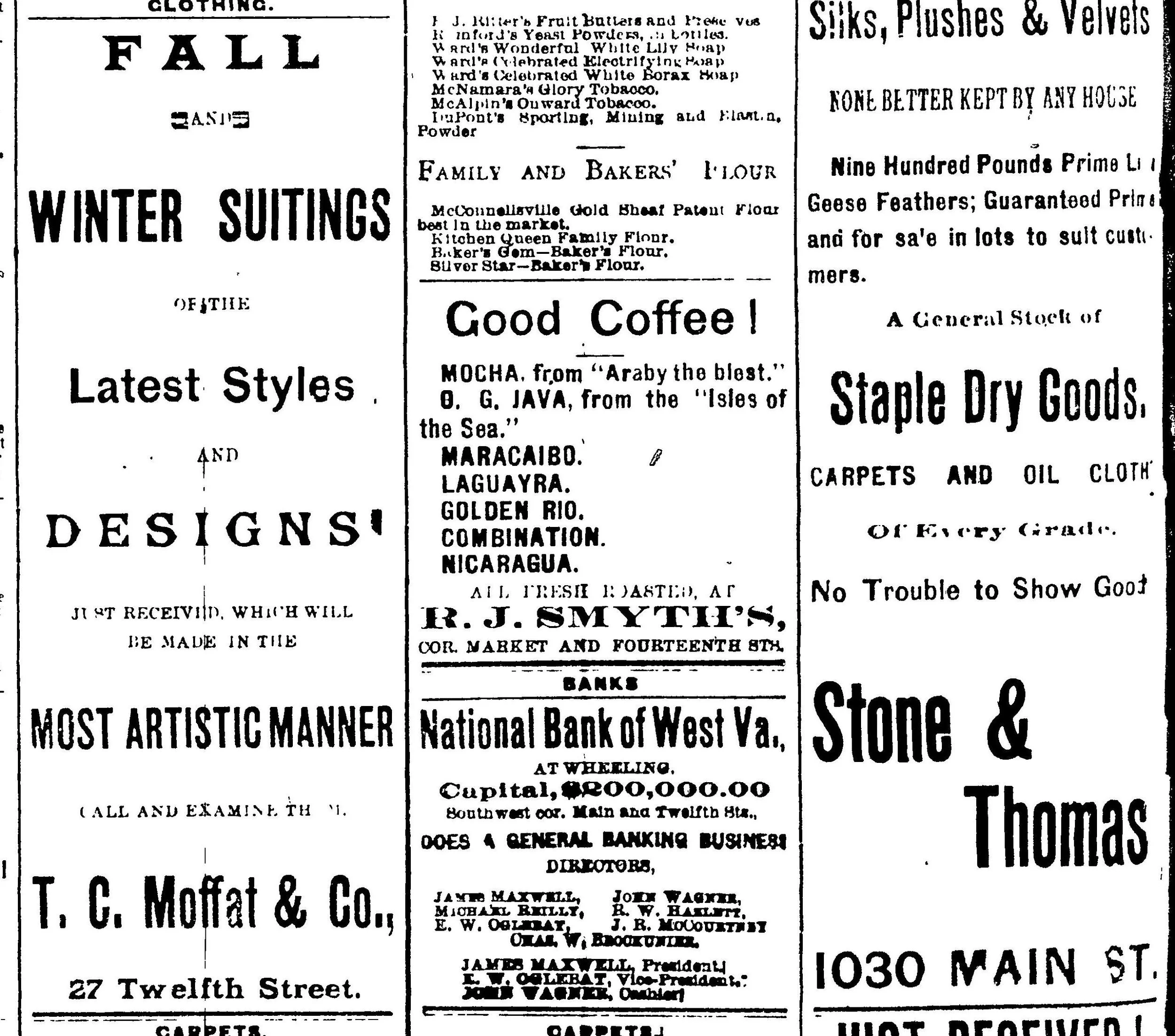 Old black-and-white newspaper advertisement for clothing, food, banking, and dry goods, with various text emphasizing styles, savings, and locations.