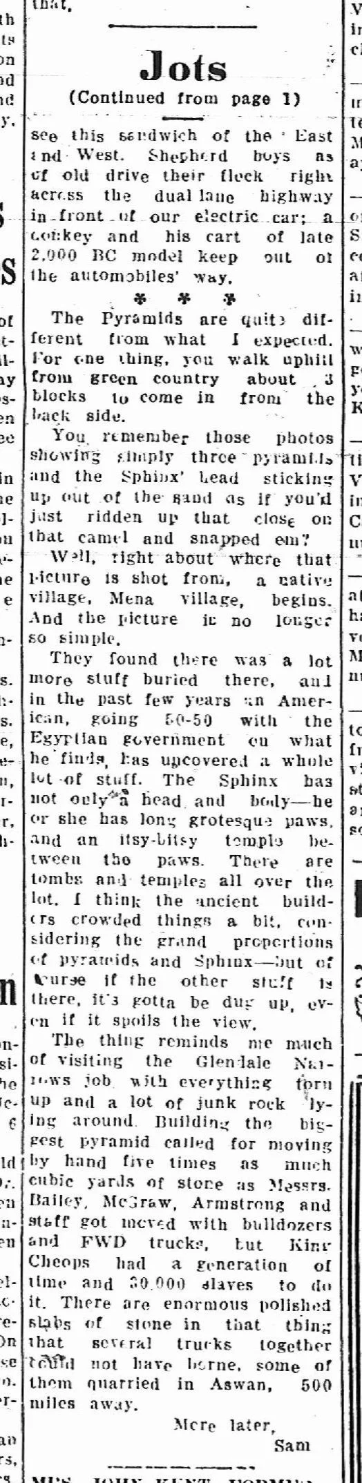 A black-and-white newspaper page with a section titled 'Jots,' which continues from the previous page. The text describes pyramids, ancient relics, and modern construction involving pyramid-shaped structures and trucks.