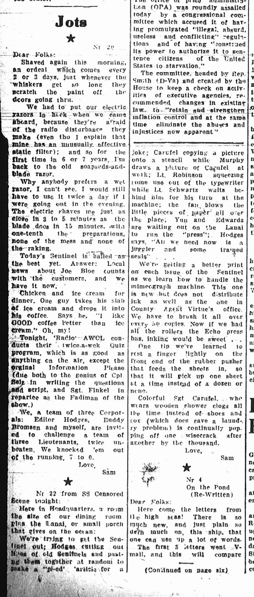A vintage newspaper column titled 'Jots' containing personal notes, local news, and updates from various individuals, including a section on the SS Censored Scene.
