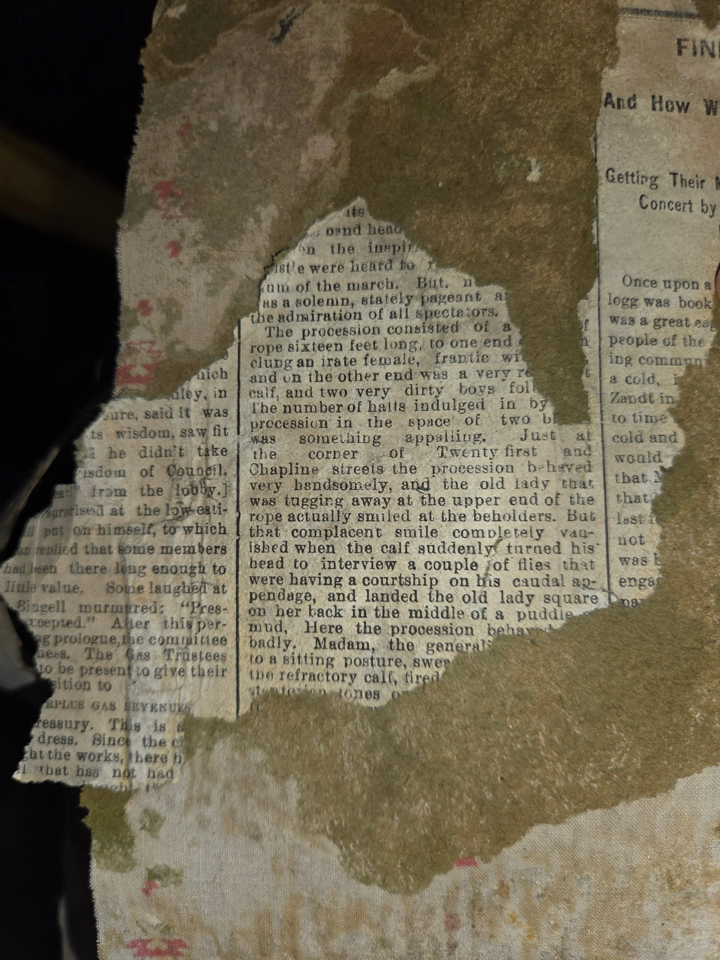 A torn piece of newspaper placed on a textured surface with remnants of old paint, revealing the text underneath.