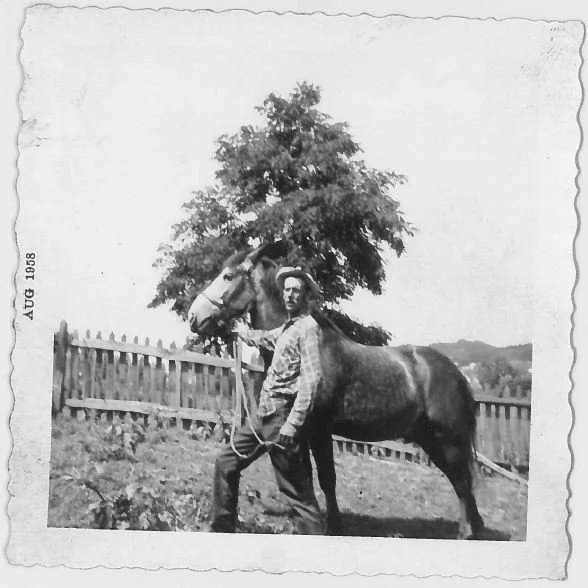 A man holding a horse's reins outdoors near a tree with a wooden fence in the background, black and white photo dated August 1985.