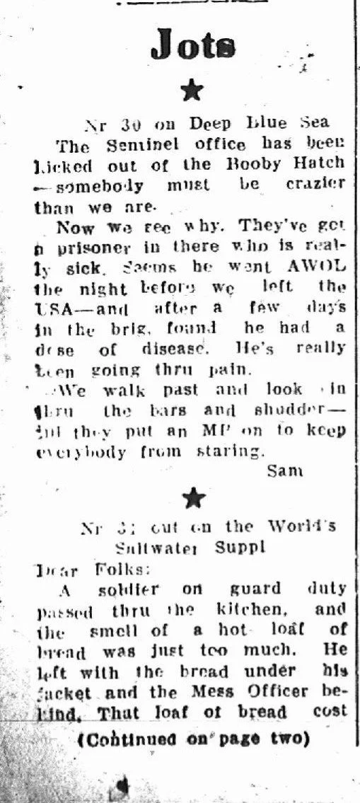 A black and white newspaper excerpt with various short stories or notes, including mentions of the deep blue sea, a seminary office, a prisoner, and a bread loaf, with some text indicating continuation on the next page.