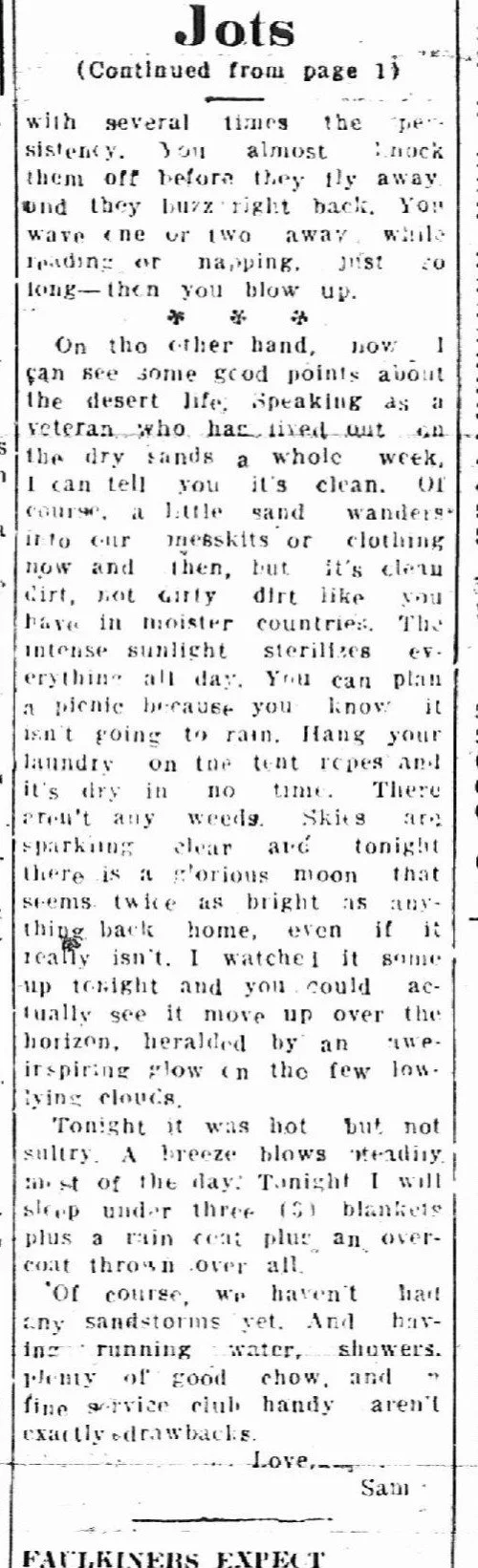 An old newspaper clipping with a column titled 'Jots,' discussing weather, desert life, and everyday activities.
