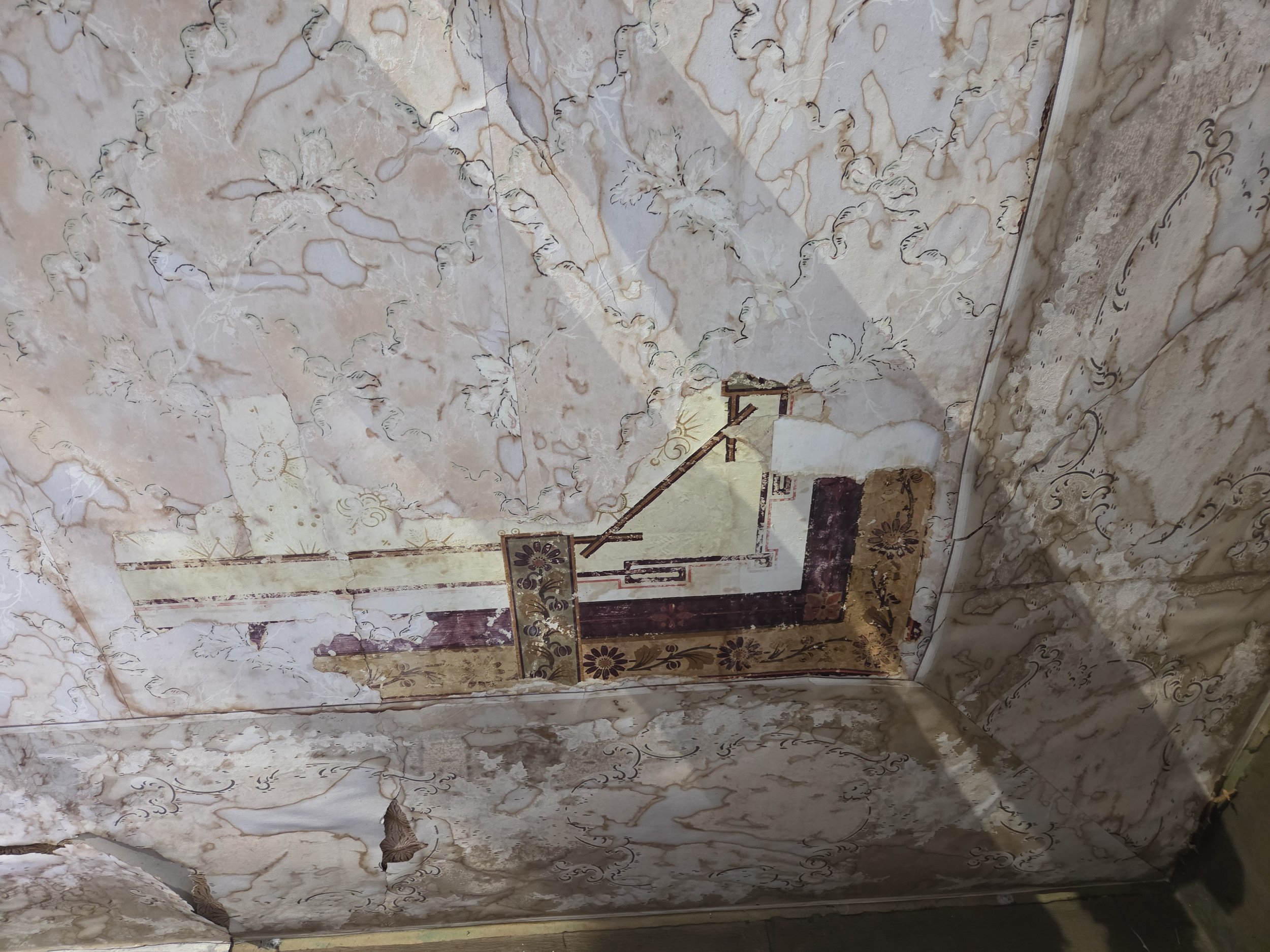 Peeling and damaged wallpaper with a partially exposed decorative border on an interior wall.