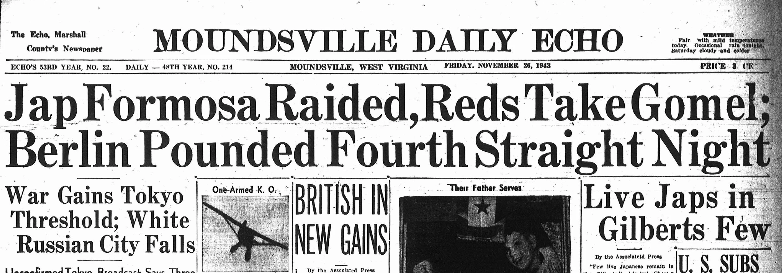 Black and white newspaper front page from 1943 with headlines about World War II battles and news updates.
