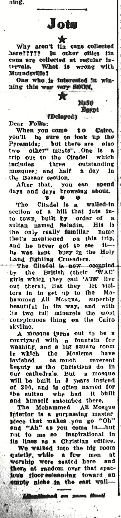 A black-and-white newspaper clipping discussing a visit to an Egyptian citadel, mosques, and the Mohammed Ali Mosque, with descriptions of Cairo landmarks and activities.