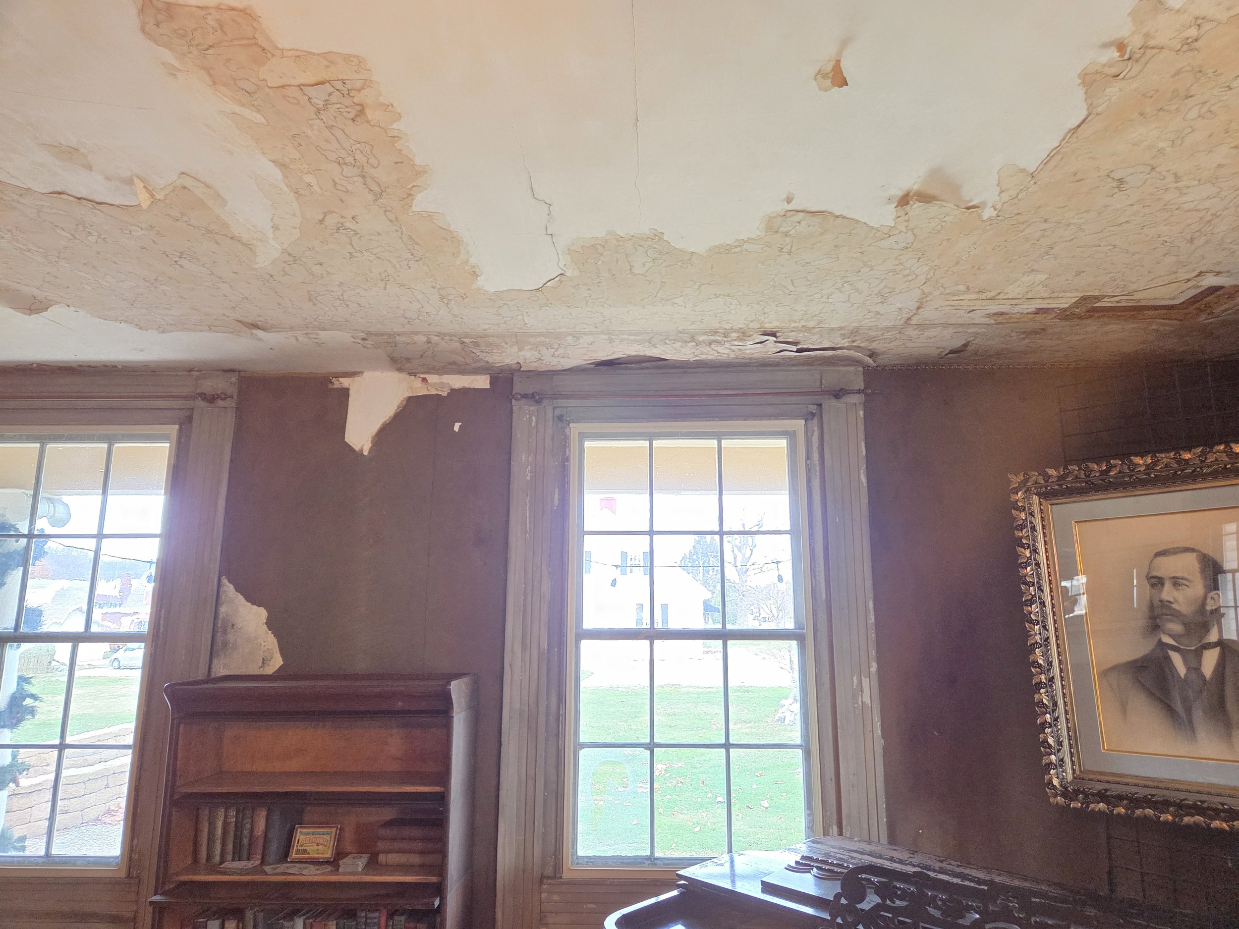 Peeling and cracked ceiling in a room with two windows, a framed portrait, and a wooden bookshelf.