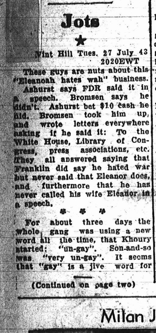 Clipping from a newspaper titled "Joke" with a star symbol, dated July 27, 1943, discussing humorous comments about war and political opinions.