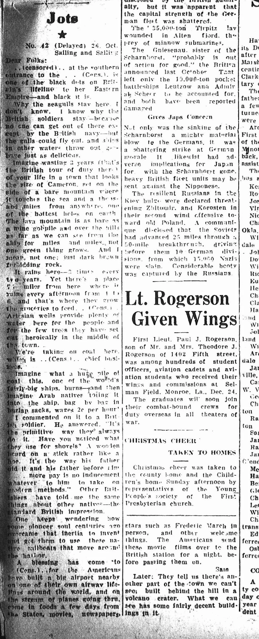 Old newspaper clipping with articles about wartime events, a Christmas cheer report, and a military officer biography.