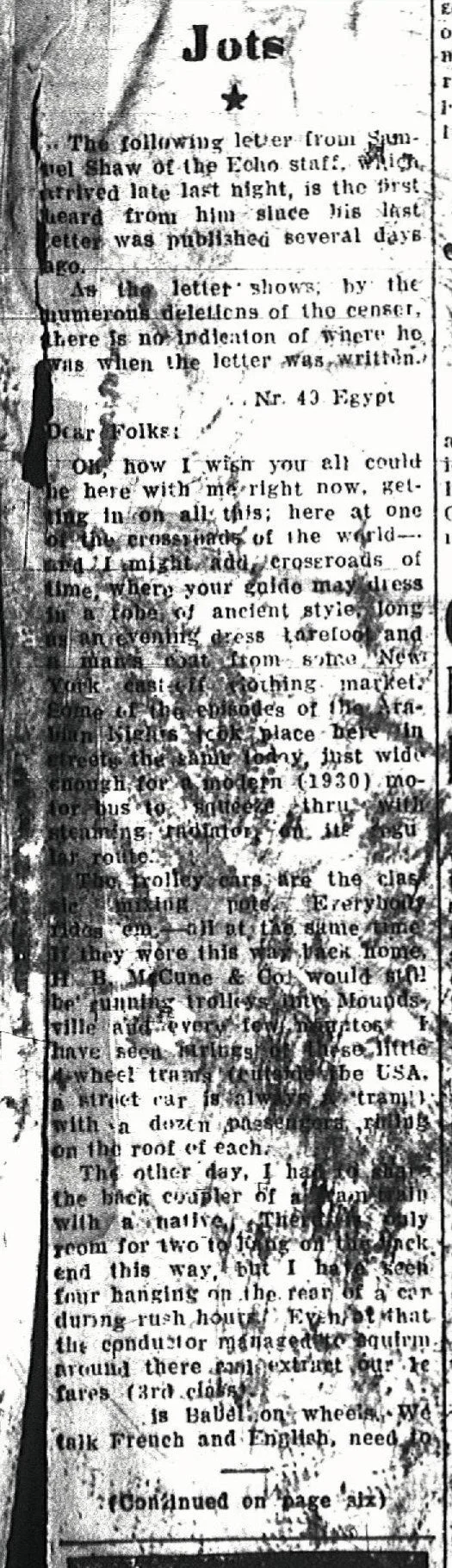 A black and white image of an old newspaper clipping with the heading "Jots". The text discusses a letter from Samuel Shaw of the Echo staff, describing his travels and experiences, including customs, transportation, and daily life in 1930.