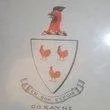 Banner with a rooster at the top and three rooster heads on the banner.
