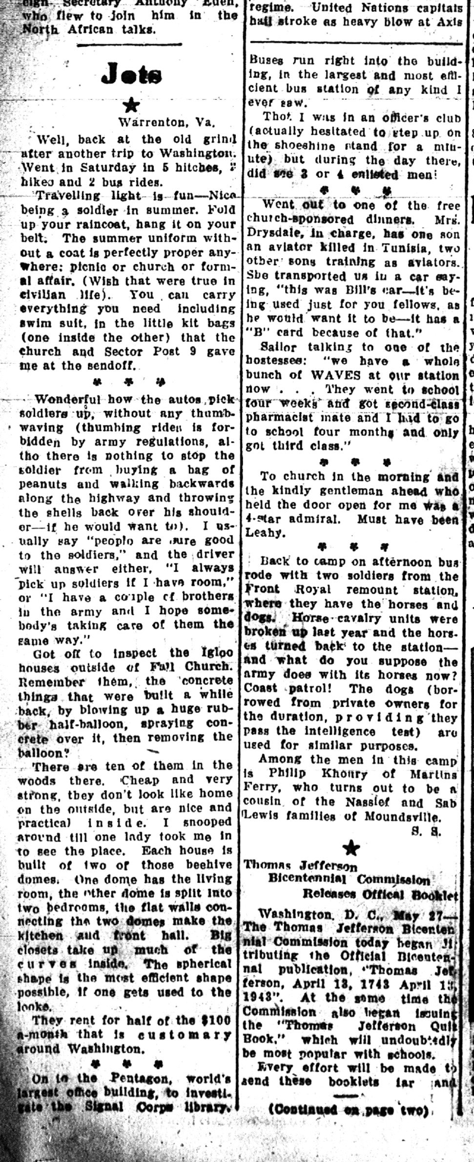 Black and white newspaper article with various columns of text, mentioning topics like travel, soldiers, church events, and a military camp.