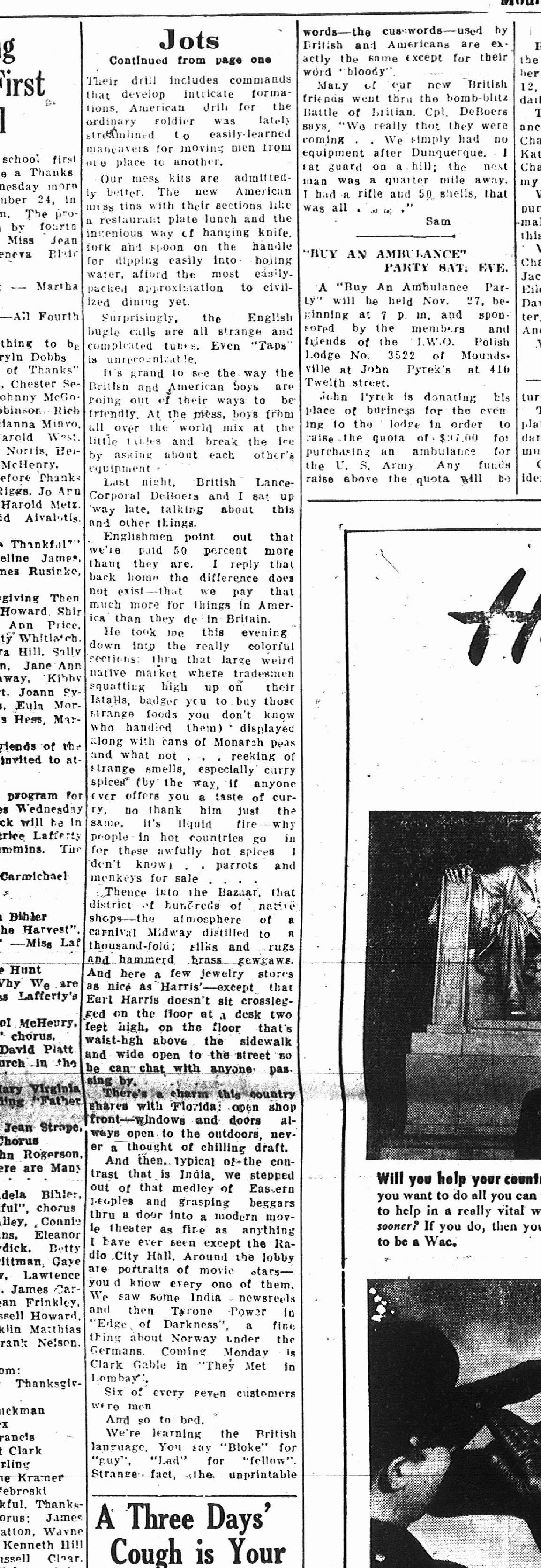 A newspaper page with an article titled 'Jots' discussing American and British soldiers, a 'Buy an Ambulance' charity event at John Tyrek's lodge, and an advertisement showing two people in military uniforms, one man and one woman, engaging in conversation or a handshake.