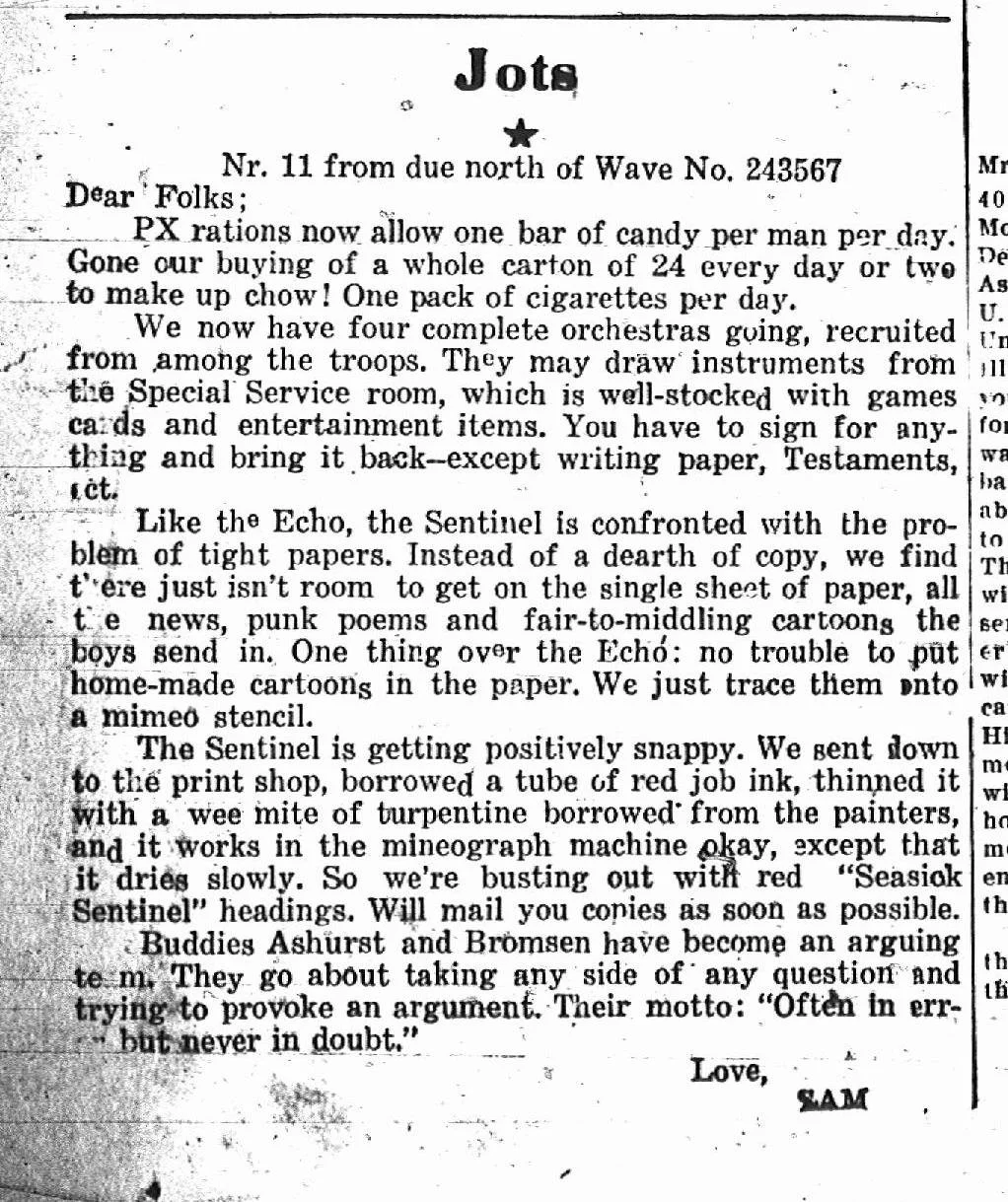 A vintage newsletter letter with the title 'Jots,' discussing patriotic rations, orchestras, entertainment, and newspaper issues, signed by Sam.