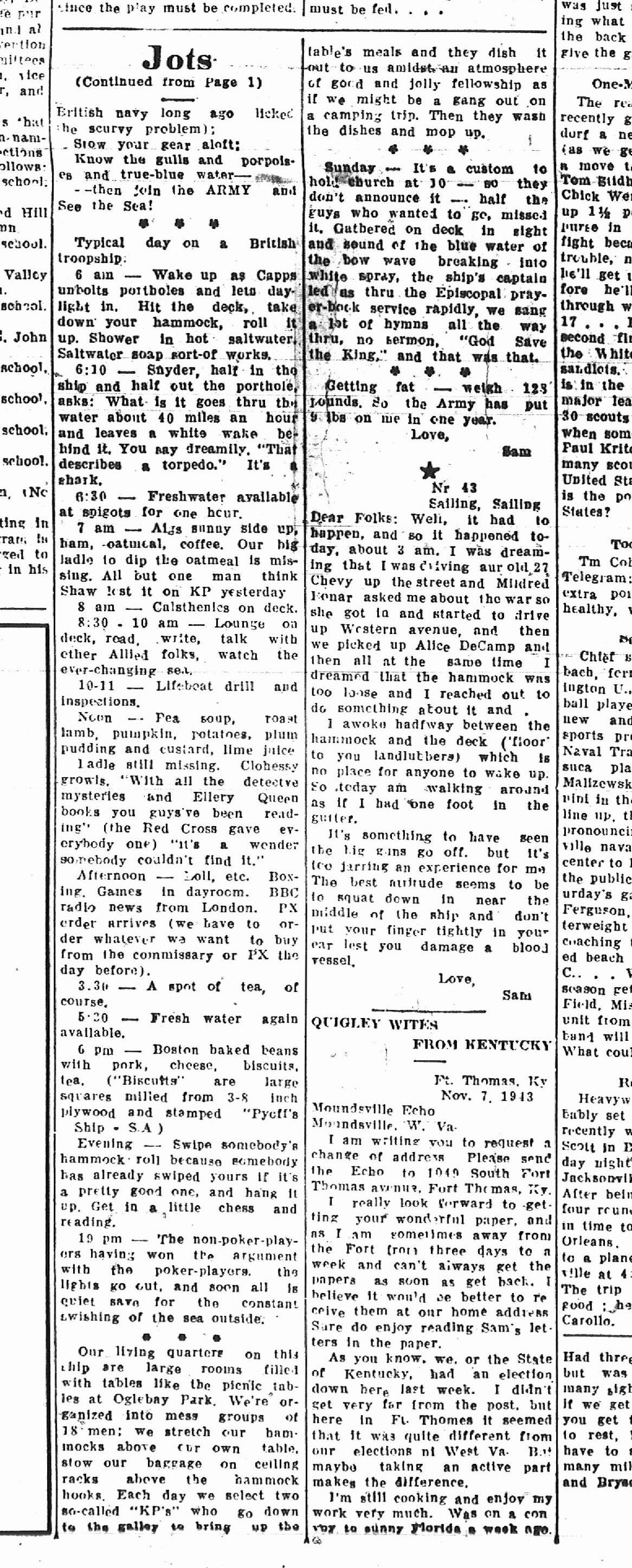 A newspaper page with various articles, including one titled 'Jots' which describes daily activities and events such as military drills, daily routines, and personal stories. The page also contains a letter from Kentucky by F. Thomas Kv, dated November 7, 1943, discussing the war, elections, and everyday life. There are columns of dense text with small print, typical of a 1940s newspaper.