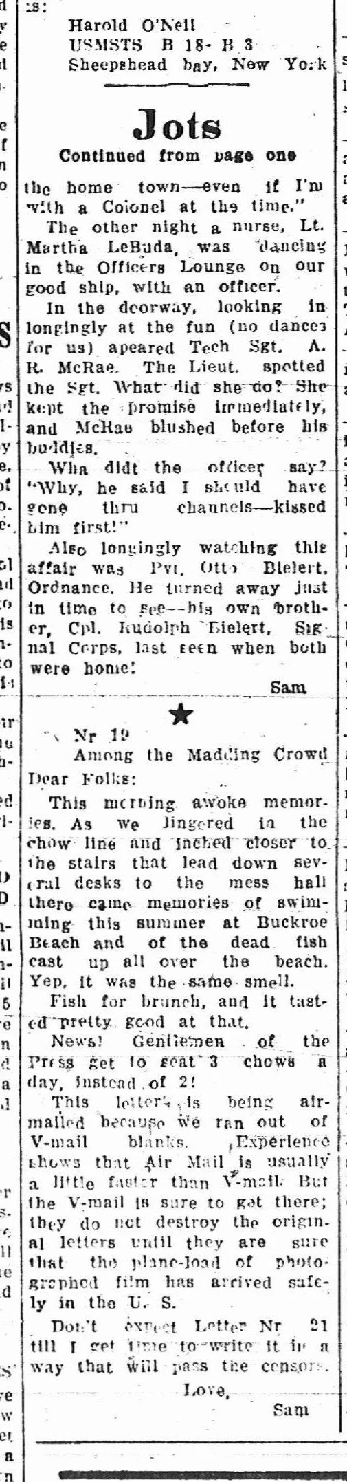 Close-up of an old newspaper clipping featuring a column titled 'Jots' by Harold O'Neill, with text about social activities, military comrades, and personal anecdotes.
