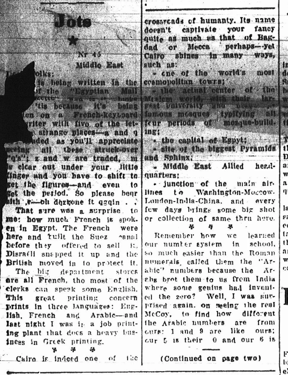 A black-and-white newspaper clipping titled 'Jots', discussing Egypt, French and British soldiers, and Egyptian pyramids and sphinx; includes a humorous remark about learning numerical systems.