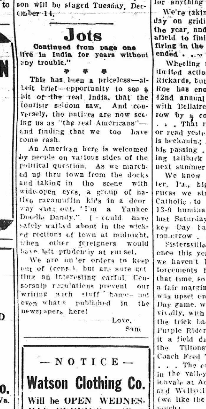 An old newspaper clipping with articles about American and Indian interactions, a notice for Watson Clothing Co. opening, and various small print sections.