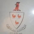 Coat of arms featuring a shield with three red animals and a helmet with a crest on top