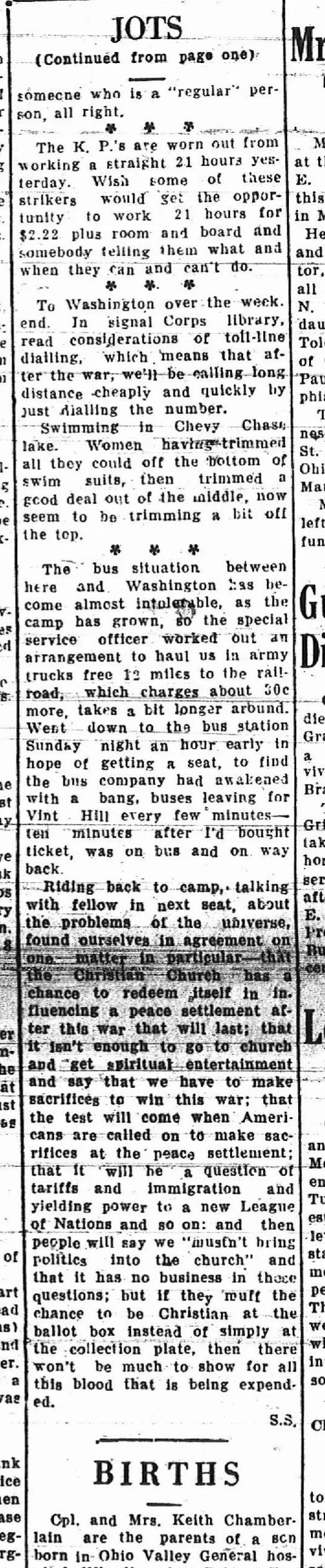 A black and white newspaper clipping with the headline "JOTS" and an article discussing various topics including war, bus fares, and religious services.