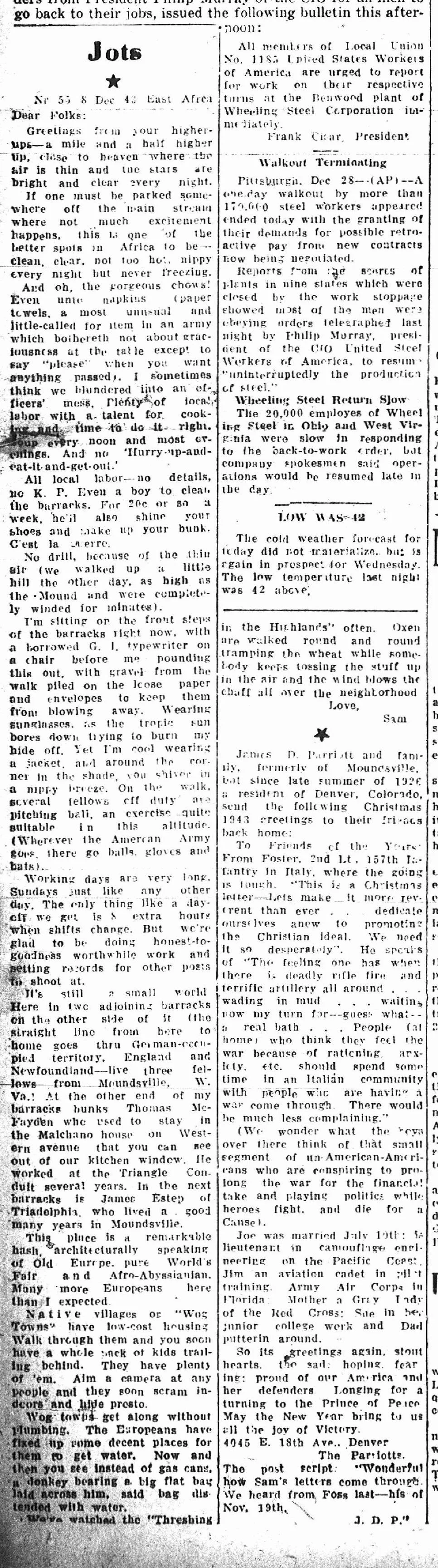 A newspaper clipping titled 'Jots' with cursive and typed text. It discusses workers at the Steel Corporation, weather updates, personal notes, and military references, including names, dates, and locations, with a small decorative star.