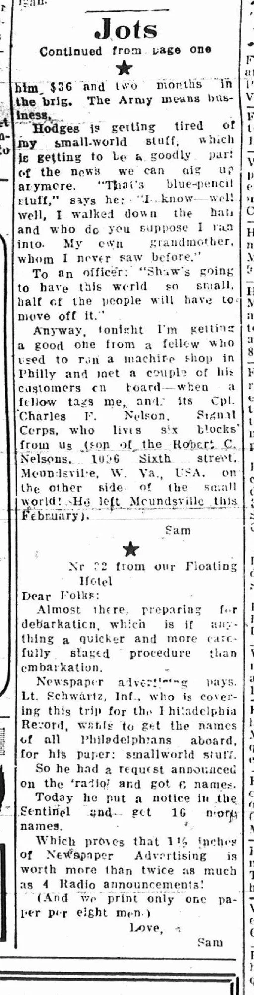 An old newspaper clipping featuring two stories. The first titled "Jots," mentions a man named Hodges and a conversation about blue-pencil stuff, with references to a grandmother and a police officer named Charles F. Nelson. The second story is from someone at a floating hotel, describing preparations for debarkation, and mentions a Lt. Schwartz and a list of names for a Philadelphia record.