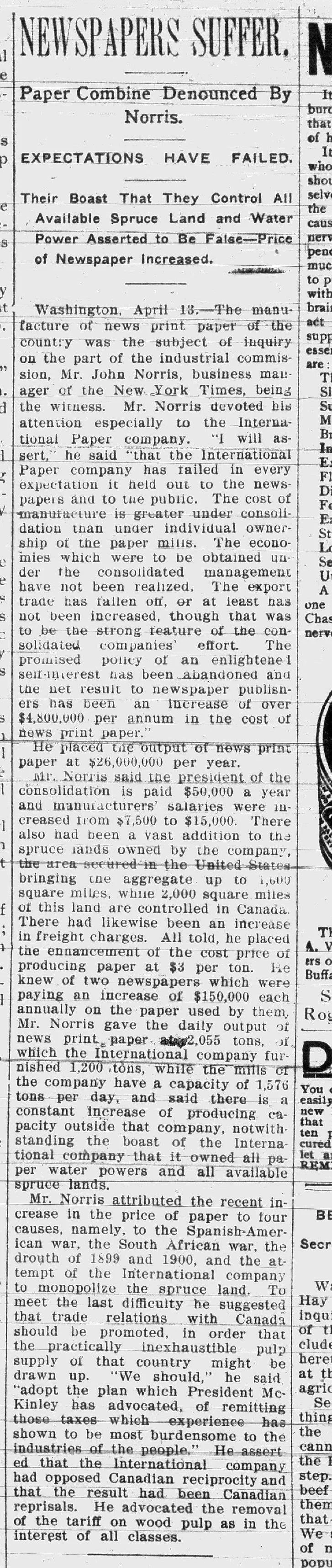 A black and white newspaper article titled "NEWSPAPERS SUFFER" discussing the decline of the newspaper industry, including details about production costs, industry challenges, and historical context.