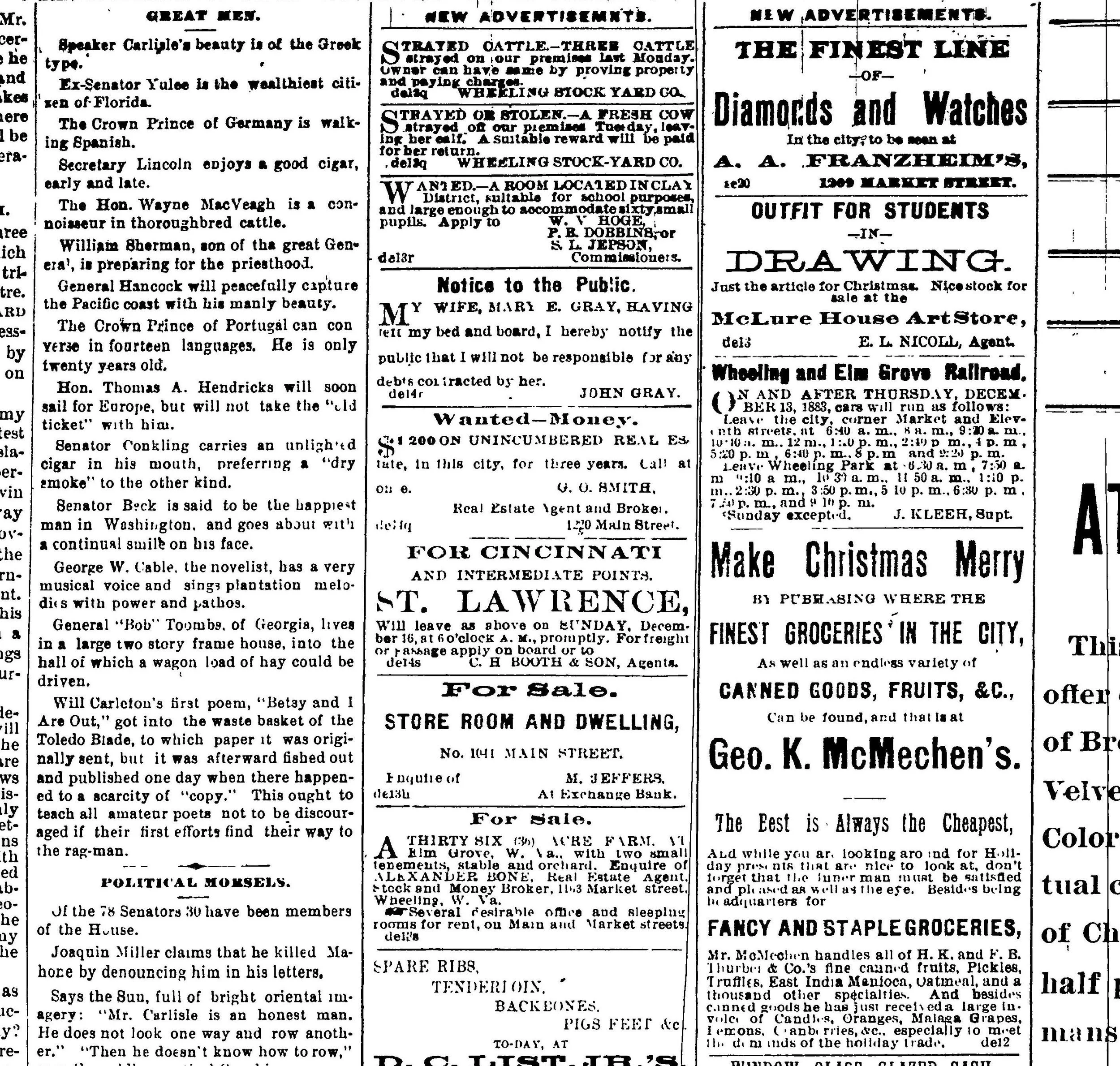 Historical newspaper page with various advertisements and notices, including a drawing promotion, real estate listings, and holiday greeting ads.