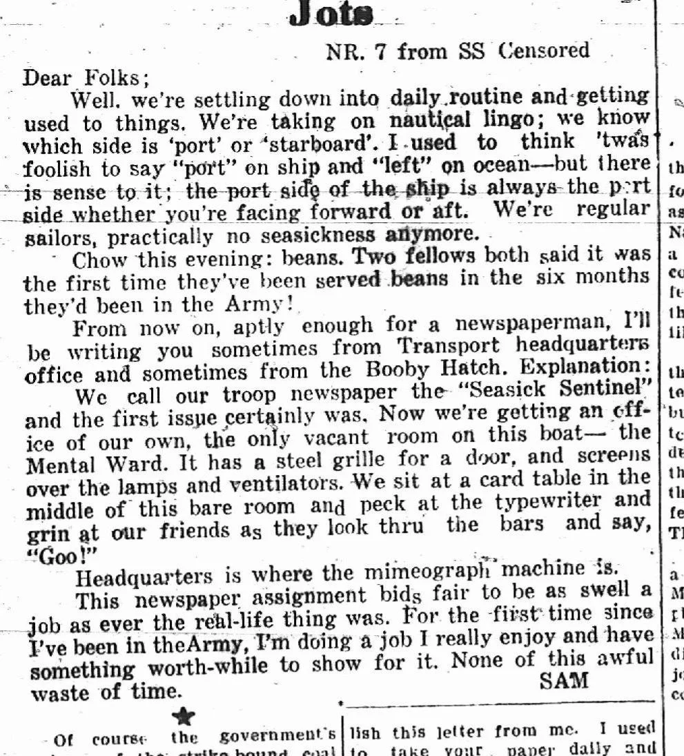 A vintage newspaper page with handwritten annotations. The text discusses daily routines, nautical terminology, and military life during the army days, mentioning beans, a newspaper called 'Seasick Sentinel,' and a critique of war time work.