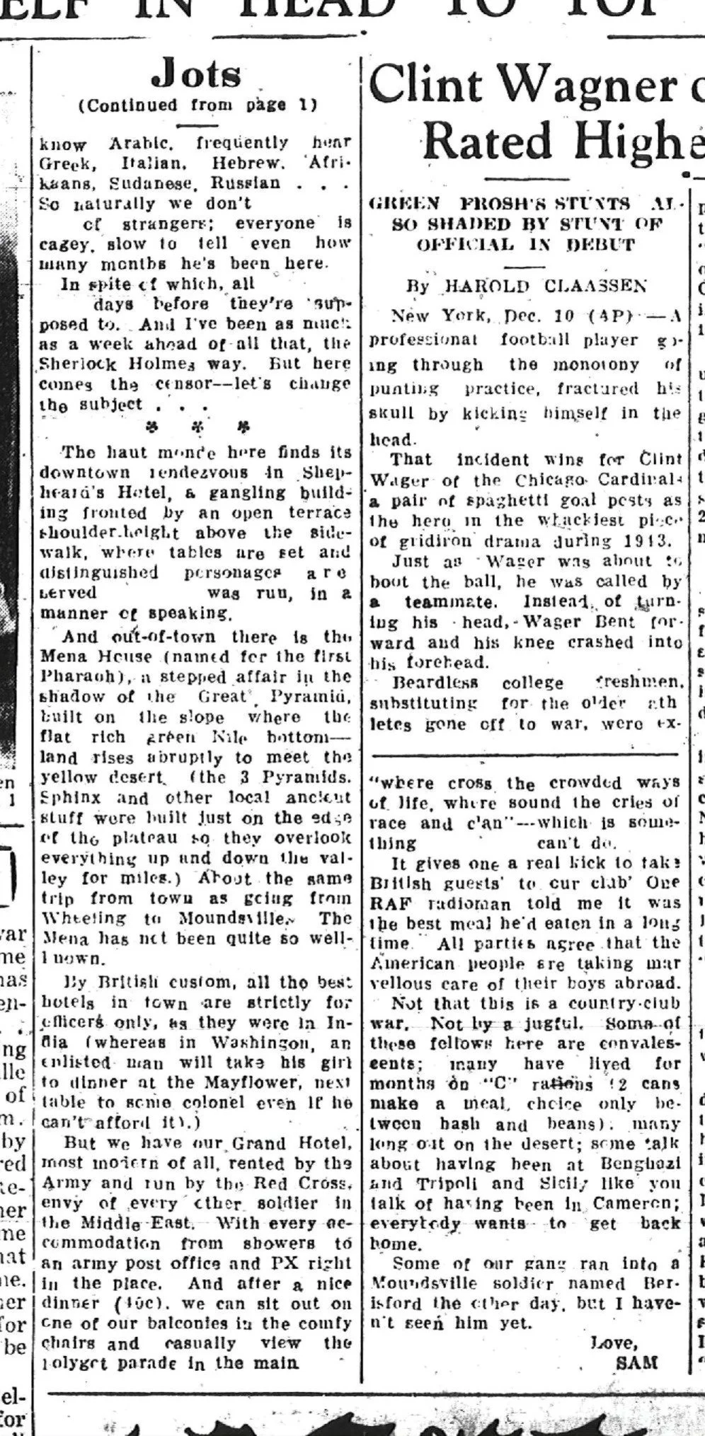Historical newspaper clipping featuring articles about Clint Wagner, a professional football player, and various local events and locations.