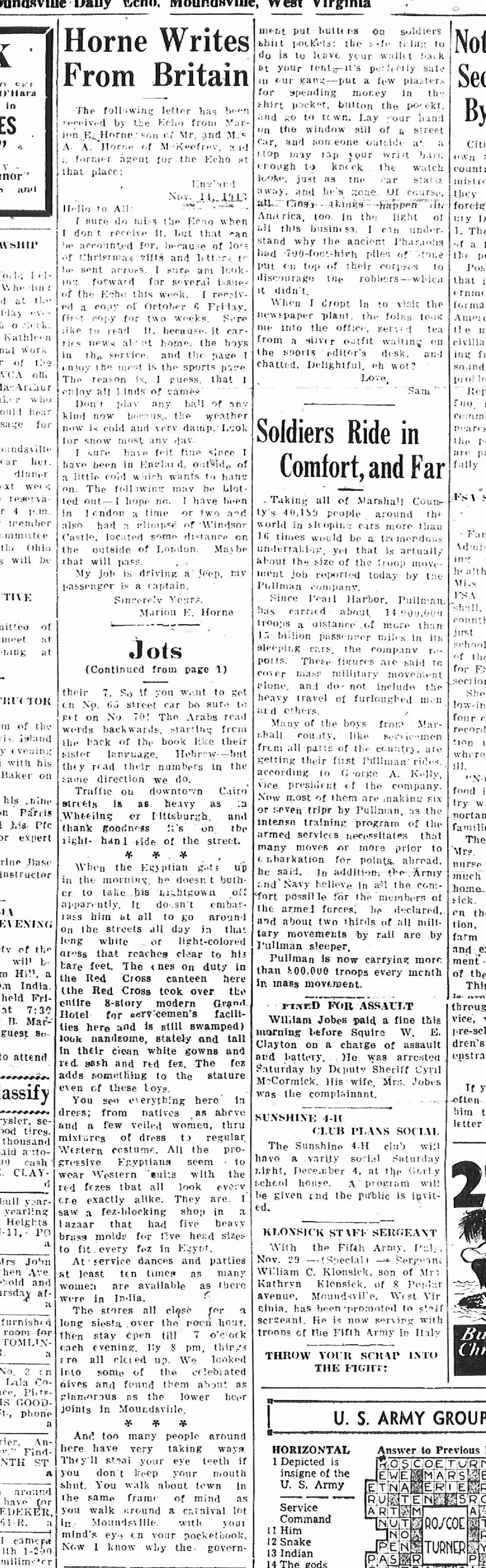 A series of newspaper articles and headlines, including one titled "Horne Writes From Britain," another titled "Soldiers Ride in Comport, and Far," and a third titled "Jots." The articles discuss topics like a letter from Britain, soldiers' activities, and local news. The images show columns of text with traditional newspaper formatting, including headlines, subheadings, and dense paragraphs.