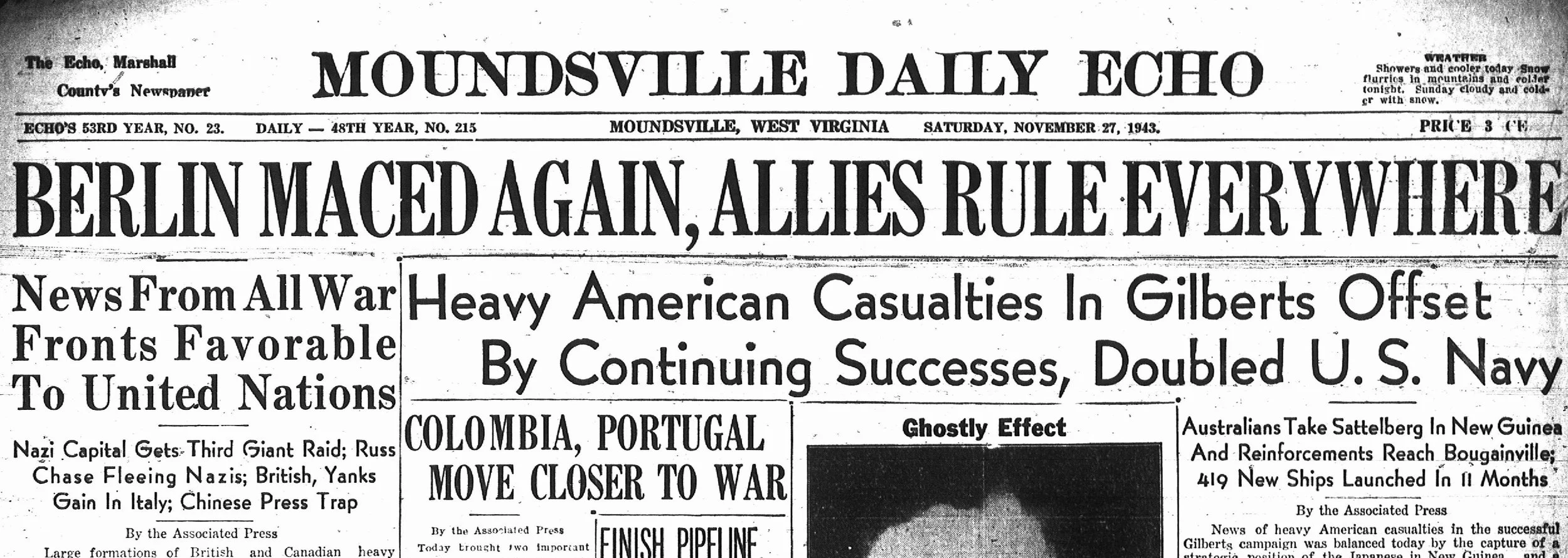 Historical black-and-white newspaper front page from Moundsville Daily Echo, dated Saturday, November 27, 1943, with headlines about World War II including Berlin and Allied military news.