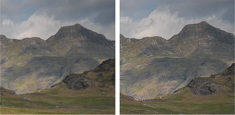 Left: original shot. Right: over-sharpening artefacts visible.