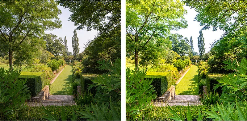Left: minimal HDR applied, just enough to balance the deep shadows in the foreground. Right: overdone HDR.