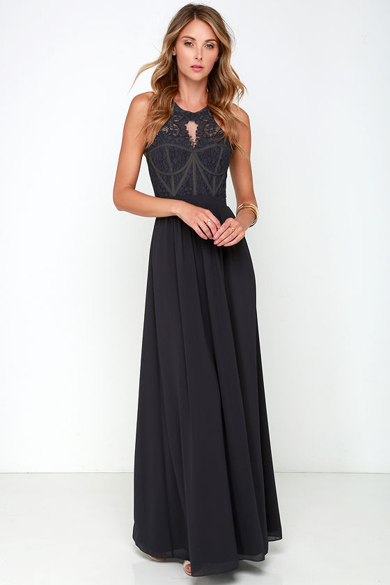 Bariano Optimum Opulence Dark Blue Grey Lace Maxi Dress