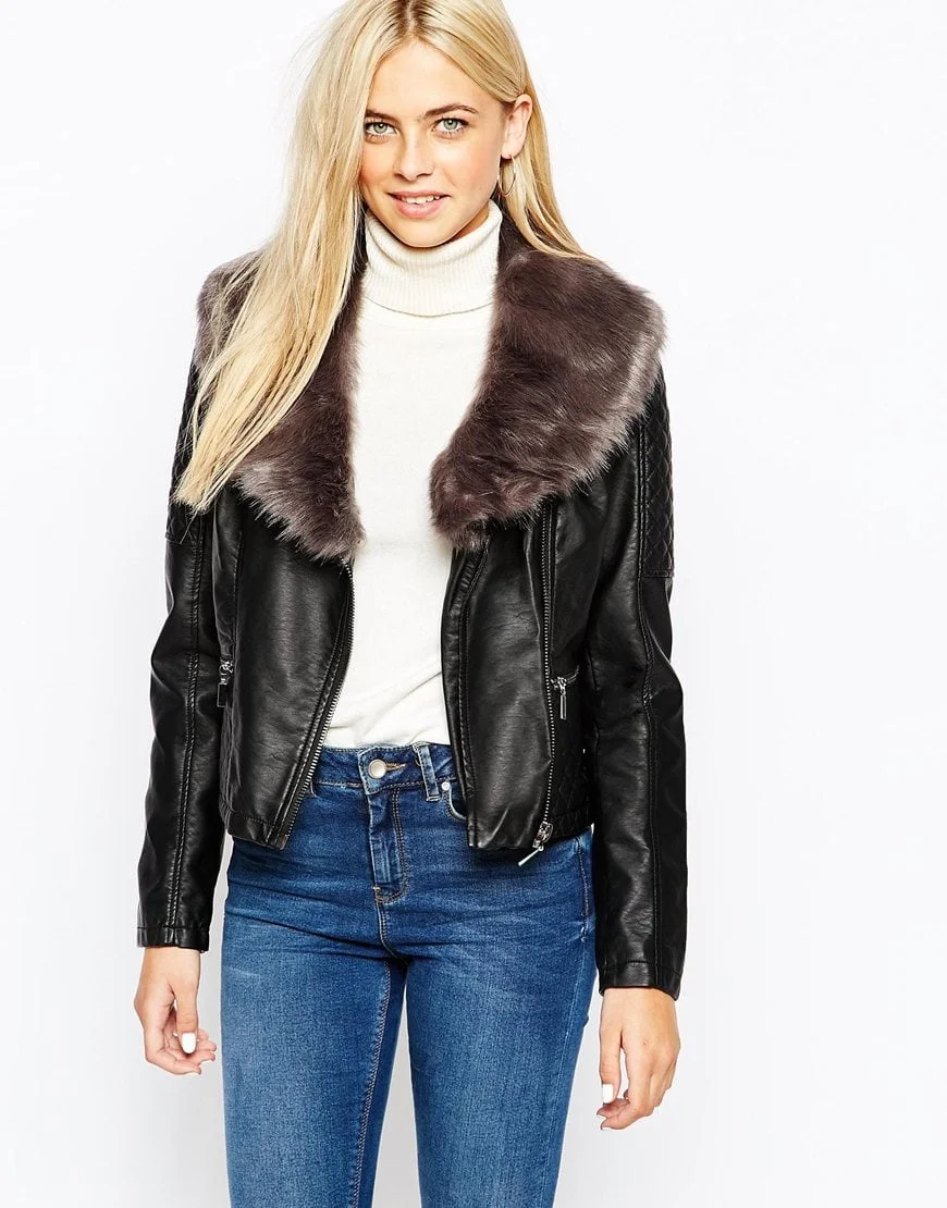 Oasis Leather Look Jacket with Detachable Faux Fur Collar