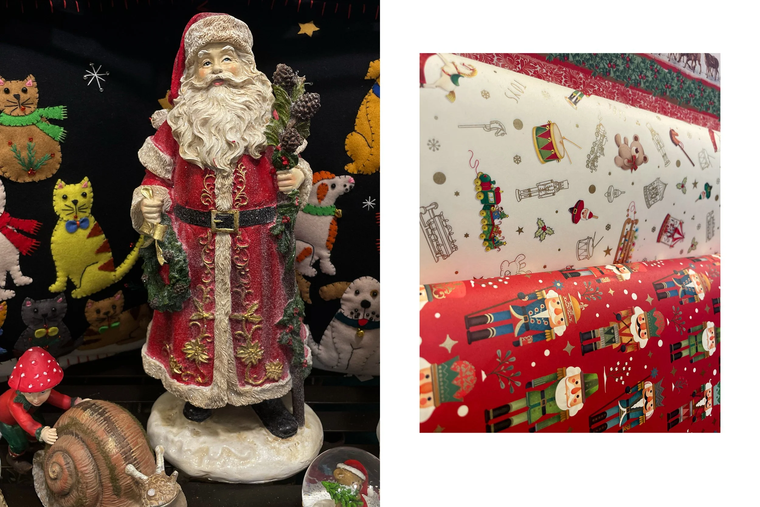 Verschiedene bunte weihnachtliche Geschenkpapiere. Dekorativer Nikolaus und Kissen mit aufgestickten Katzen-
