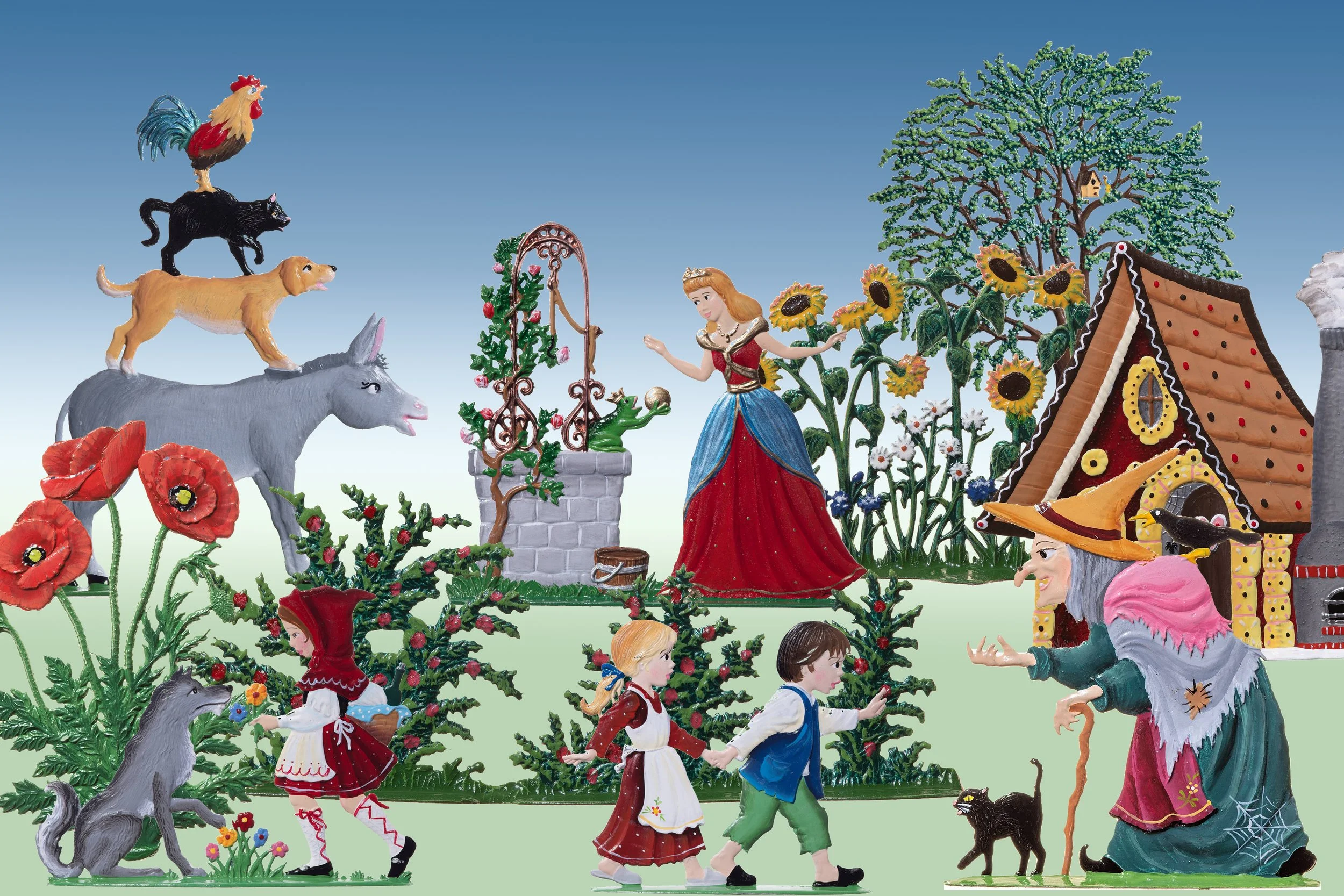 Figuren aus der Wilhelm Schweizer Zinnmanufaktur: unterschiedliche Märchen werden in Zinn dargestellt:  im bild: die Bremer stadtmusikanten, Hänsel und gretel, rotkäppchen, der Froschkönig.
Zinnfiguren, Wilhelm Schweizer, Zinnmanufaktur, Bayrische Vo