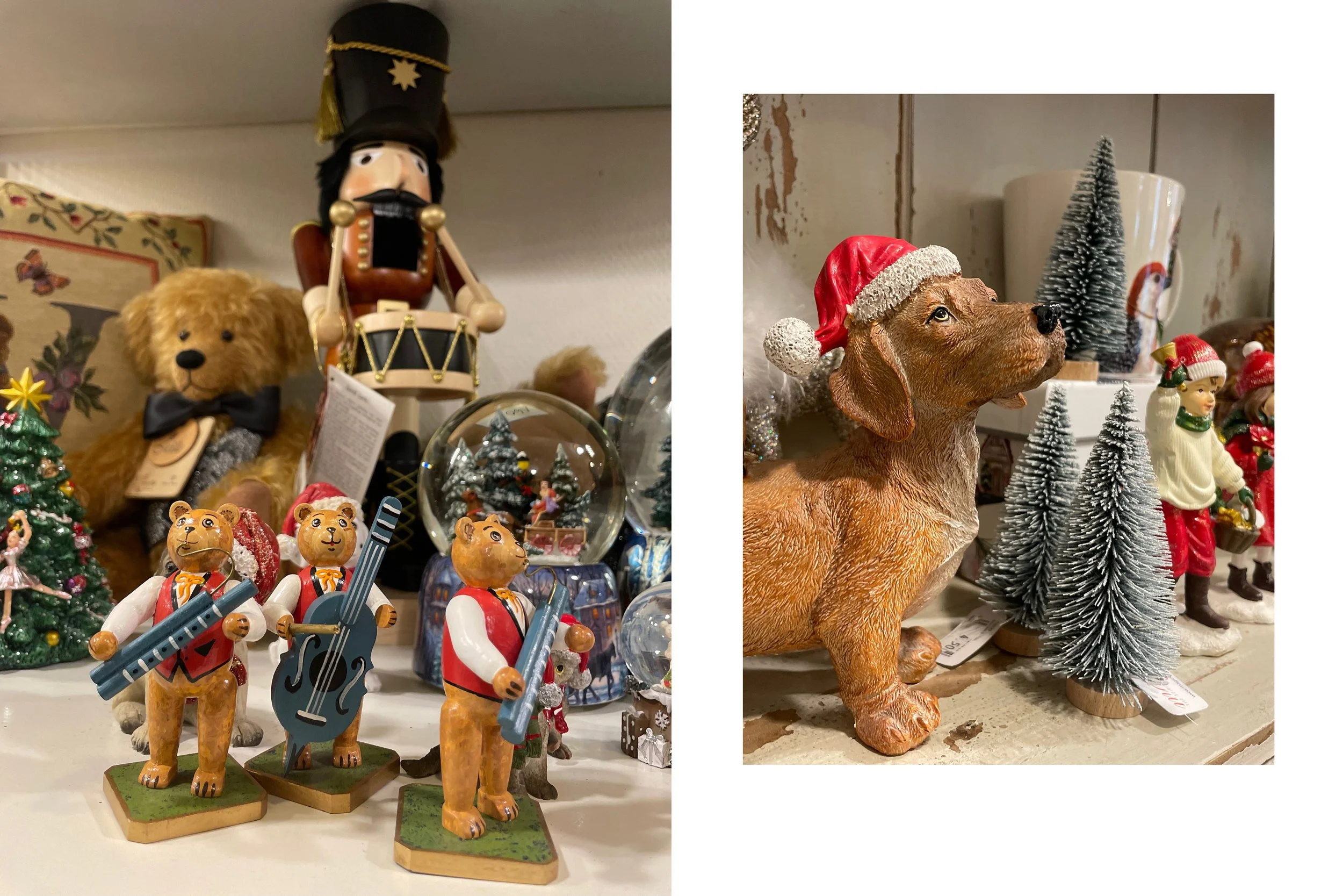 Musizierende Bären, Steiff-Teddy, Schneekugeln, ein Dackel sowie im Hintergrund ein nostalgischer erzgebirgischer Nussknacker mit Trommel sind sorgfältig arrangiert. 