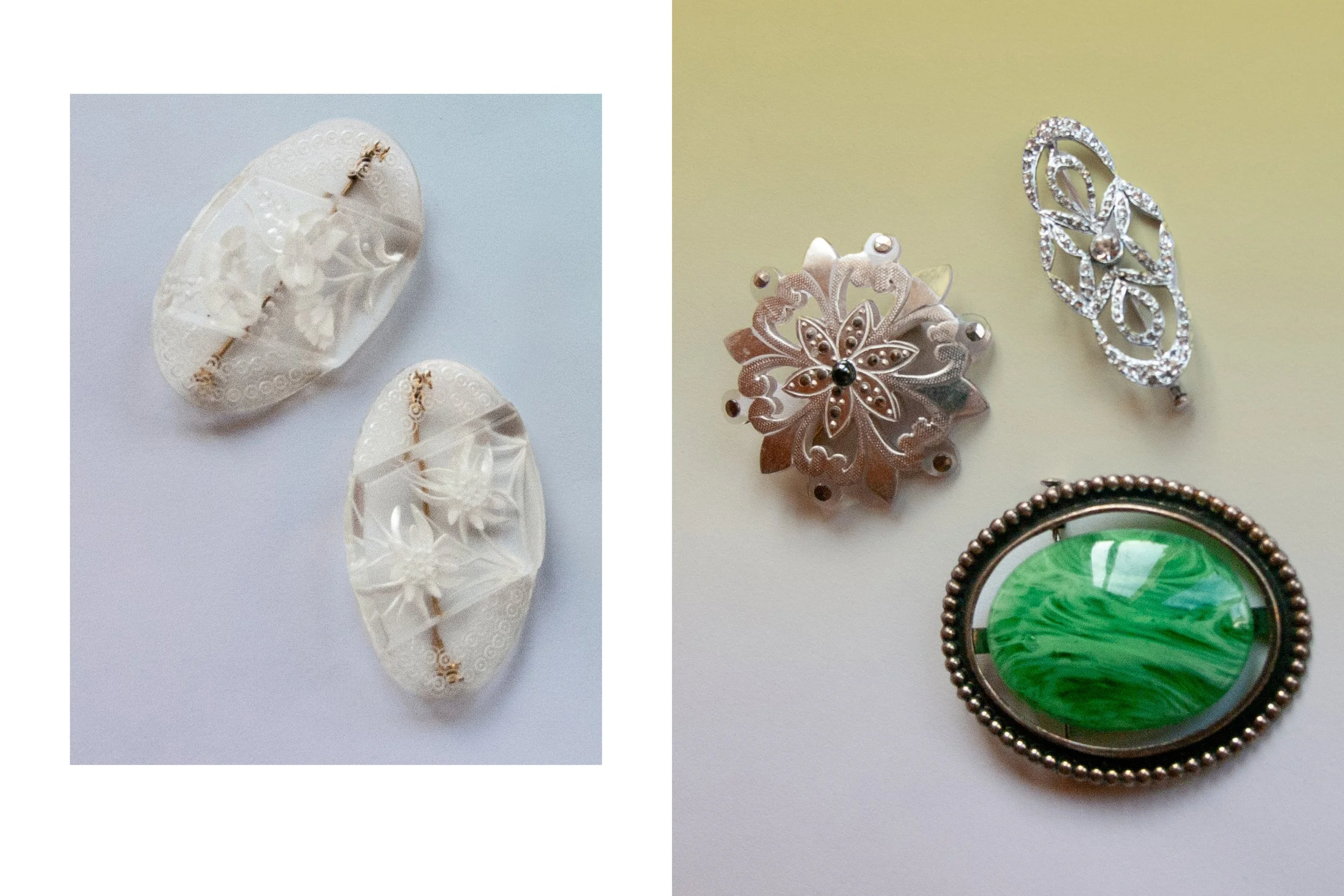 Modeschmuck aus Paris, aus der Mitte des 20.Jahrhundert: Diverse Broschen; zwei sind aus sehr feinen Metallfäden in hochwertigen Mustern gefertigt, eine hat einen grossen grünen Stein und ist in einem Metall-Oval eingefasst. 2 Broschen weisen weisse 