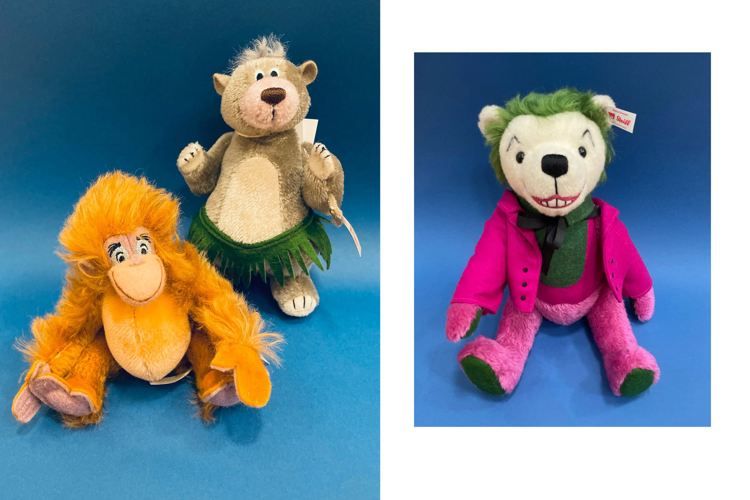 Steiff, Margarete Steiff, Gründung 1880, Balu der Bär aus Dschungelbuch Knopf im Ohr, Sammlerstücke, Limitierte Editionen. Steiff ist es meisterhaft gelungen, König Louie und Balu aus dem legendären Dschungelbuch einzufangen.  
Rechts: Als „Clownprin