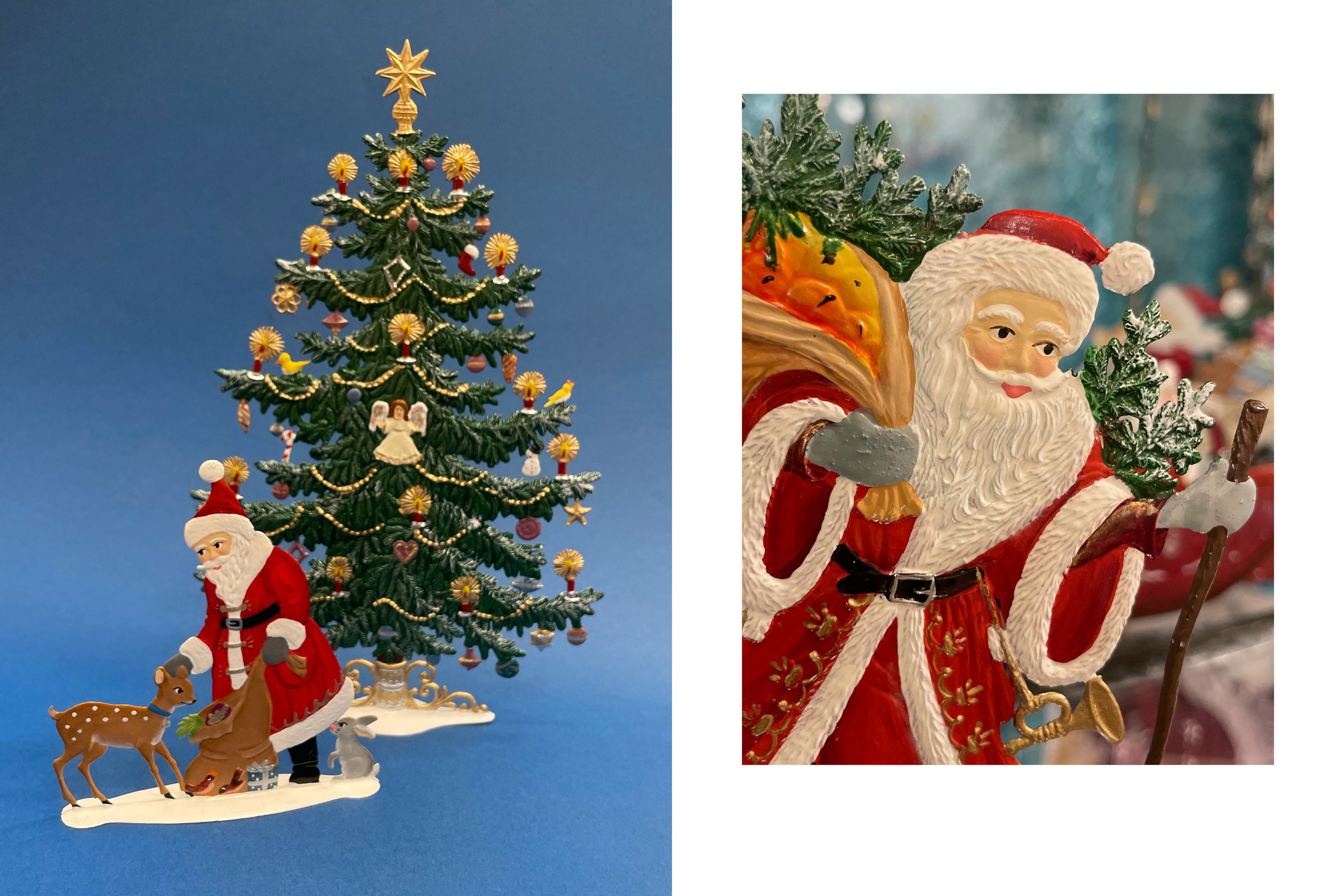 Figuren aus der Wilhelm Schweizer Zinnmanufaktur: Nikolaus mit Reh und grossem Weihnachtsbaum, Rechts; Nahaufnahme mit Nickolaus.
