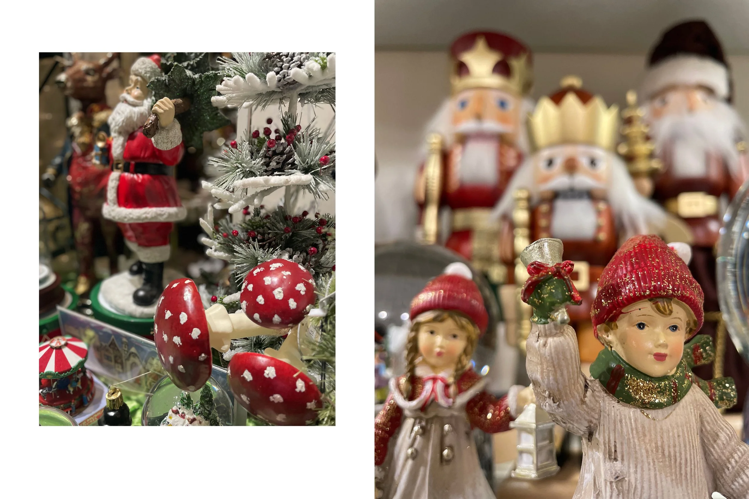 Weihnachtliche Dekorationen mit Gänsefeder Baum und Pilzen. Erzgebirgische Nikolause und Könige sowie winterliche Kinderfiguren zum Aufstellen.