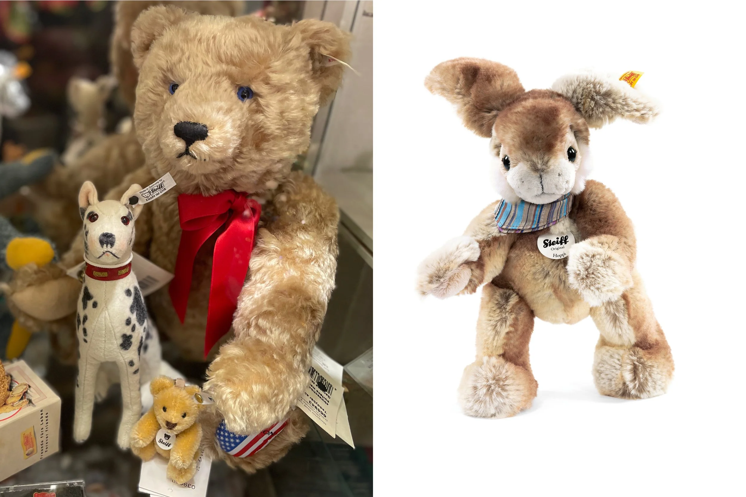 Links: Ausstellungssituation im Pegasus Zürich mit Steiff-tieren Dalmatiner Hund und Klassische Bären, Rechts; Flauschig weicher Hase