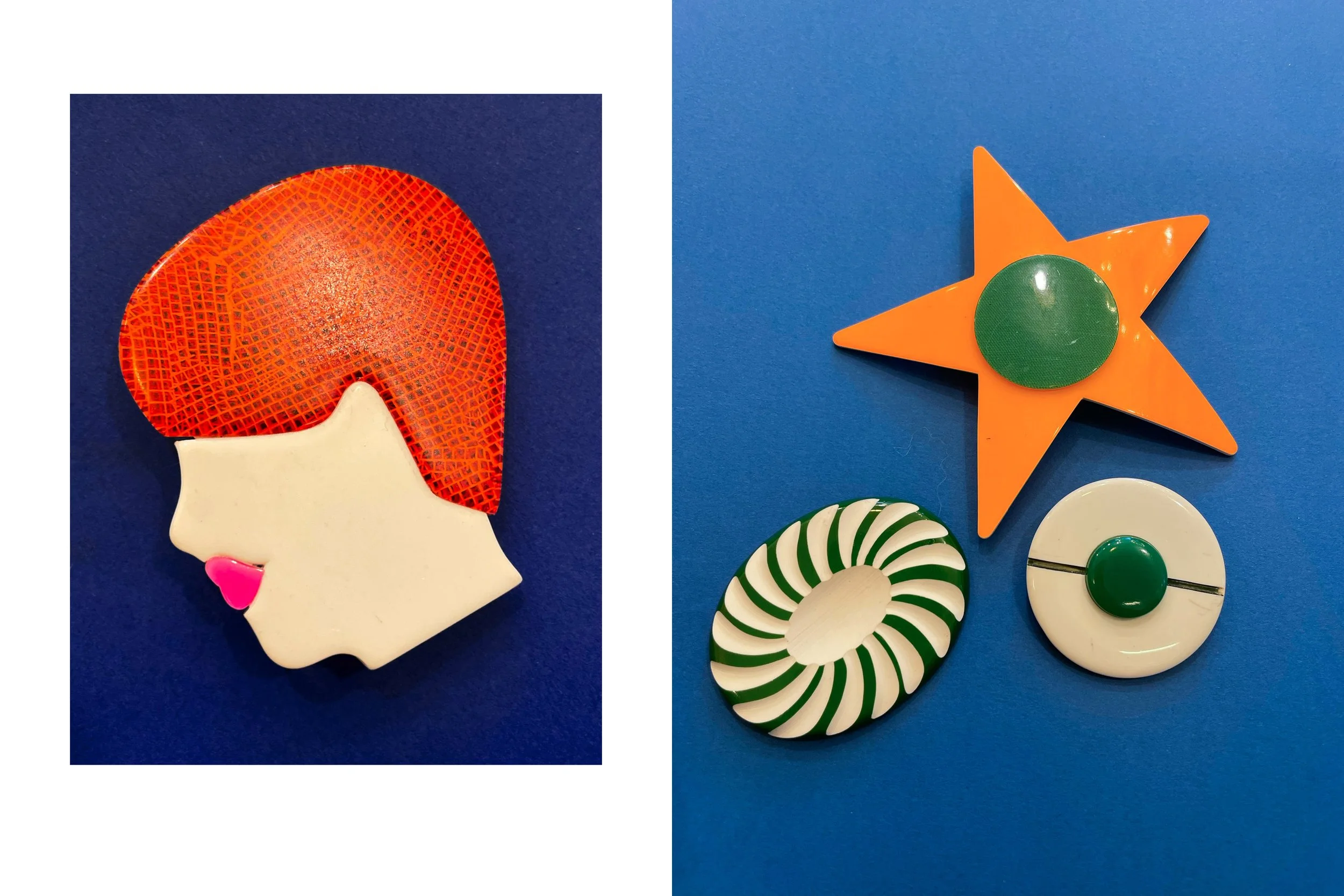 Modeschmuck aus Paris, aus der Mitte des 20.Jahrhundert: Broschen mit verschiedenen Sujets aus Bakelit: Kopf, geometrische Formen in grün und weiss sowie Orangener stern mit grünem Knopf in der Mitte.
