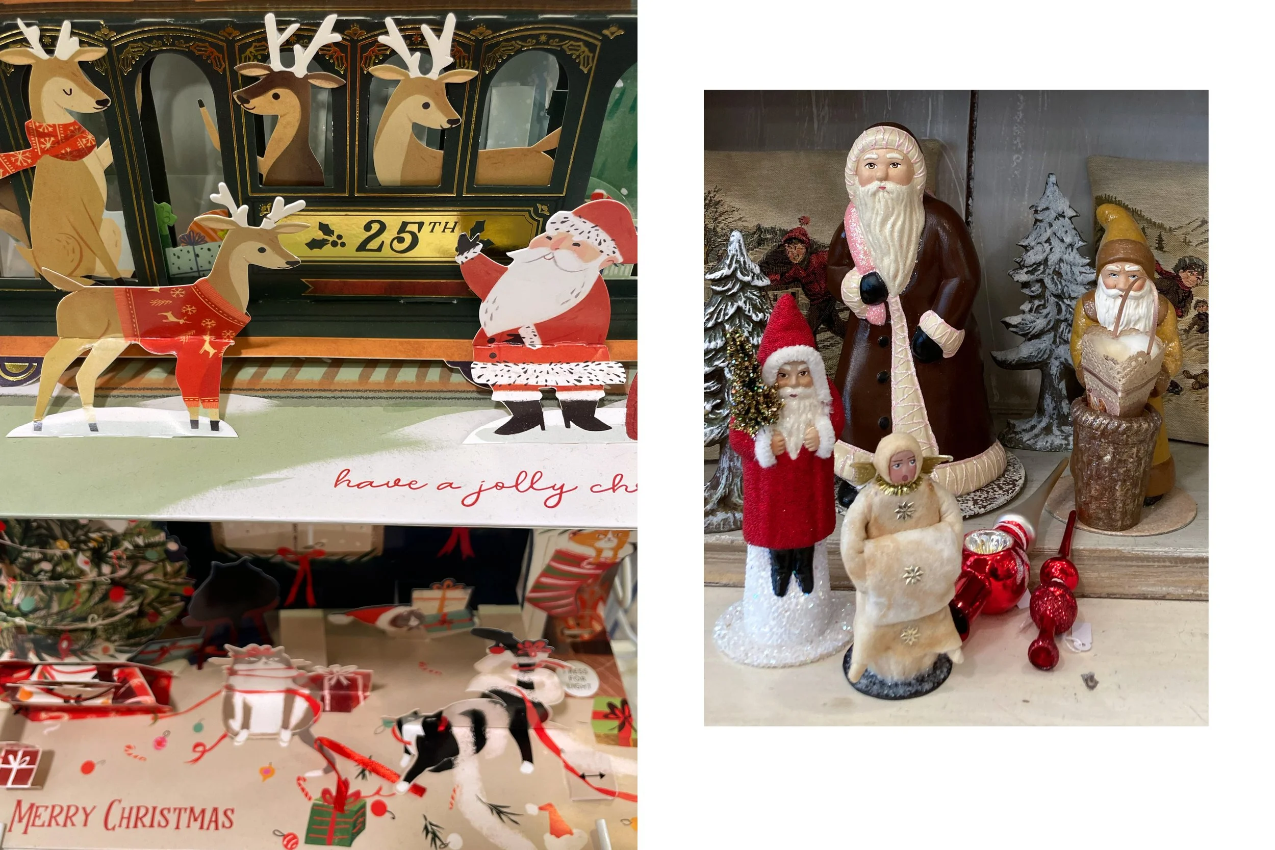 Aufklappbare Karten für die Weihnachtszeit. Nikoläuse aus Papier Mache, sowie Tannenbäume aus Holz und ein antiker Engel aus Watte