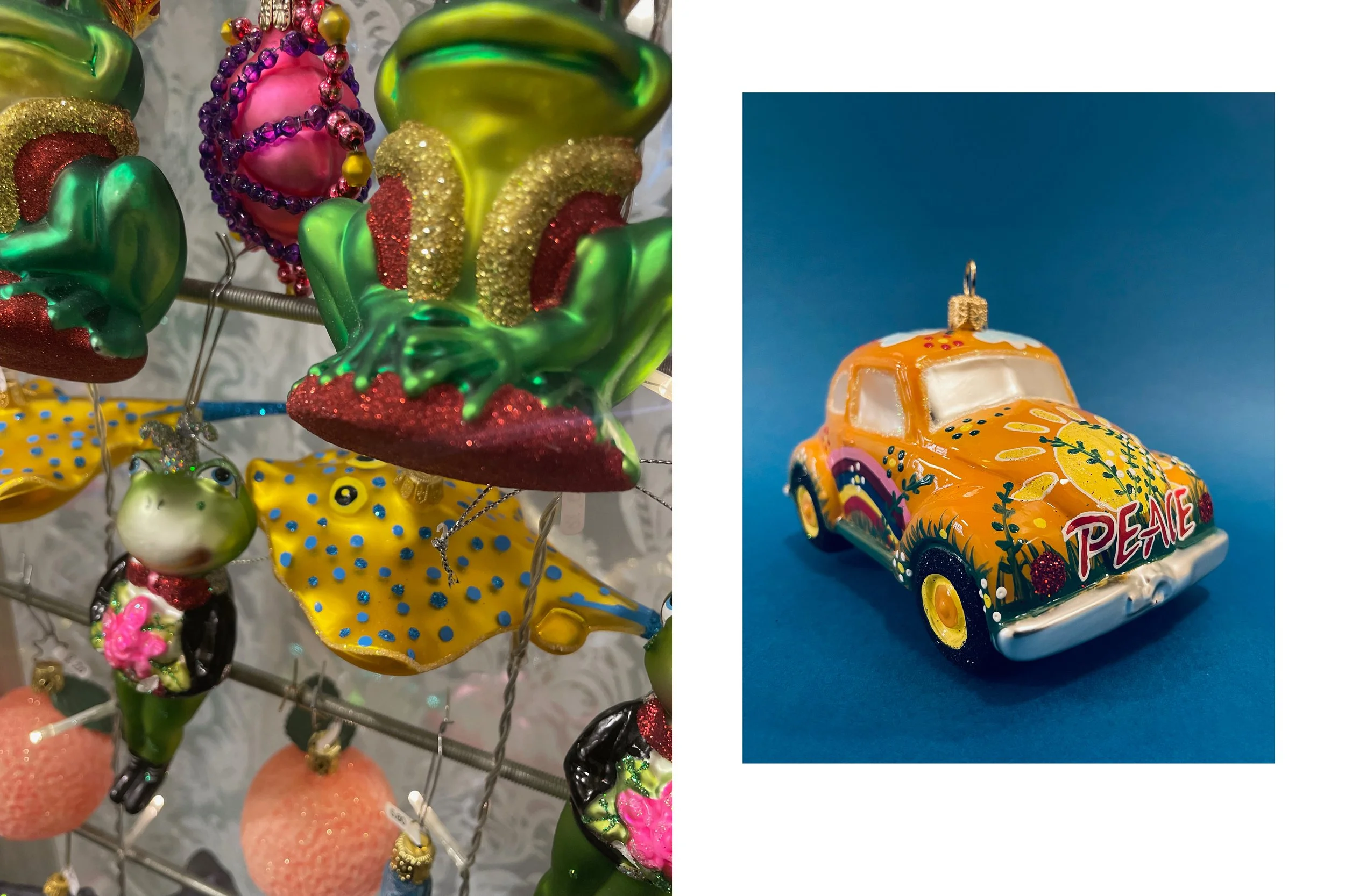 Szenenbild aus dem Pegasus von auserlesenen, mundgeblasenen Glas Weihnachtskugeln und Weihanchtsformen. Thema Tiere und Frückte; im Bild finden sich Frösche und sogar ein Rochen. Neues Weihnachtssujet 2025: der Hippi - VW-Käfer. 