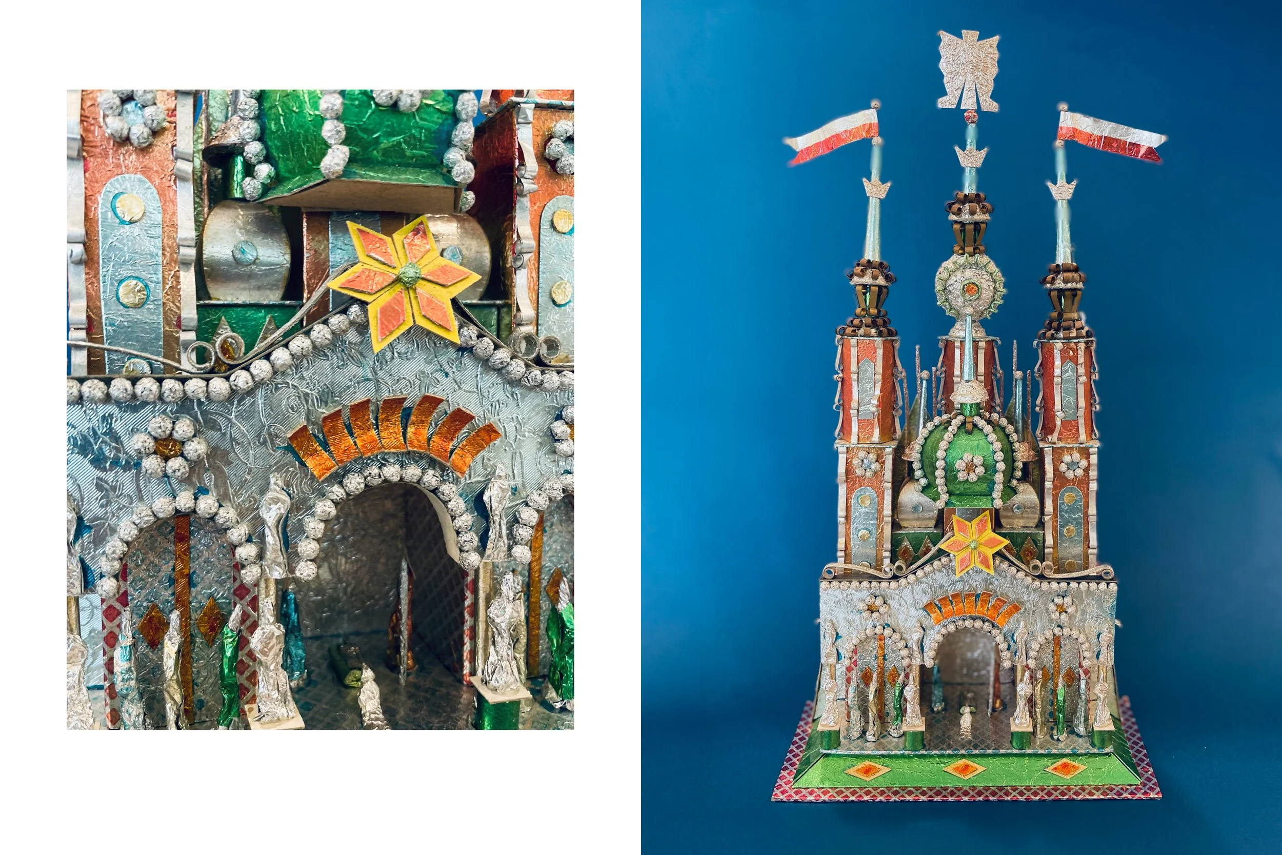 Original Krakauer Krippe. Die traditionellen mit farbigen und silbrigen silberfolien eingekleideten Kartonkrippen bestechen auch heute noch durch ihre kunstvolle handgearbeitete Detailtreue und sind handwerkliche erstellte Kunstwerke